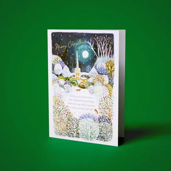 Christmas greeting card featuring a snowy winter village scene, moonlit sky, and festive illustrated landscape displayed against a green background.